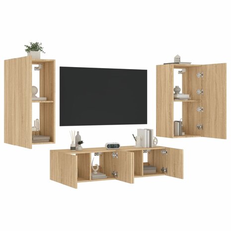 4-delige Tv-wandmeubelset met LED bewerkt hout sonoma eiken 1