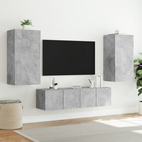 4-delige Tv-wandmeubelset met LED bewerkt hout betongrijs 5