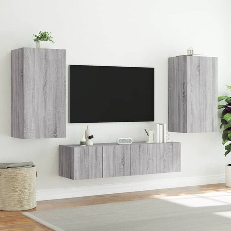 4-delige Tv-wandmeubelset met LED bewerkt hout grijs sonoma 5