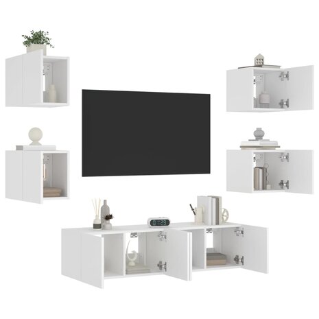 6-delige Tv-wandmeubelset met LED-verlichting bewerkt hout wit 1