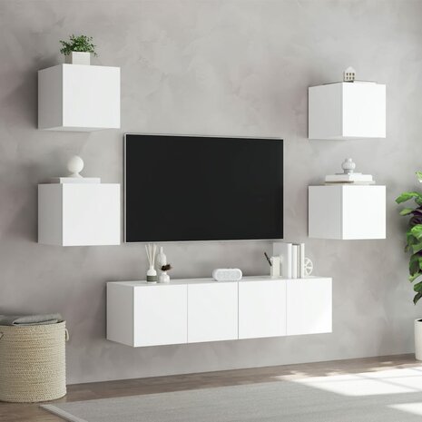 6-delige Tv-wandmeubelset met LED-verlichting bewerkt hout wit 5