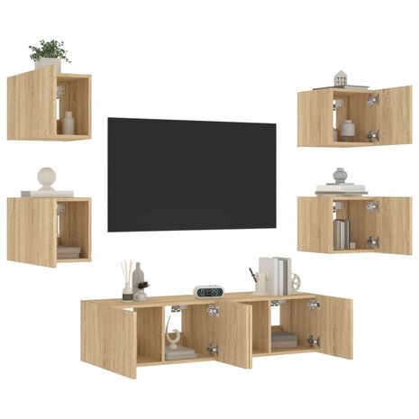 6-delige Tv-wandmeubelset met LED bewerkt hout sonoma eiken 1