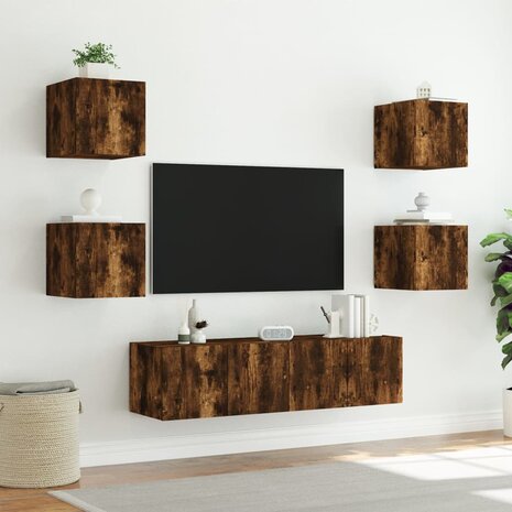 6-delige tv-wandmeubelset met LED bewerkt hout gerookt eiken 5