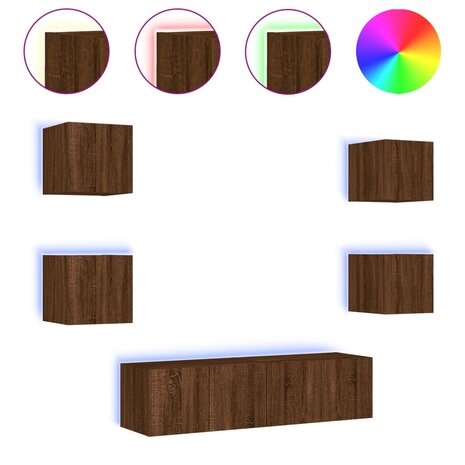 6-delige Tv-wandmeubelset met LED bewerkt hout bruineikenkleur 2