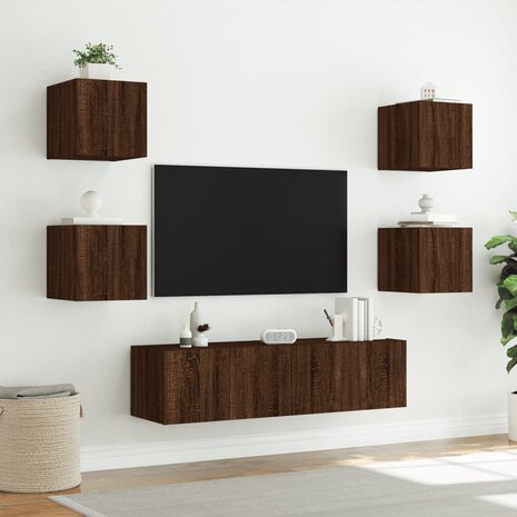 6-delige Tv-wandmeubelset met LED bewerkt hout bruineikenkleur 5