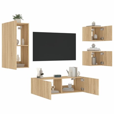 4-delige Tv-wandmeubelset met LED-verlichting sonoma eikenkleur 1