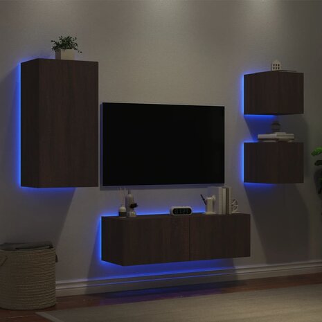 4-delige tv-wandmeubelset met LED-verlichting bruin eikenkleur 4