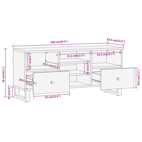 Tv-meubel 100x33,5x46 cm massief mangohout bruin en zwart 11