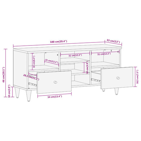 Tv-meubel 100x33x46 cm massief mangohout 10