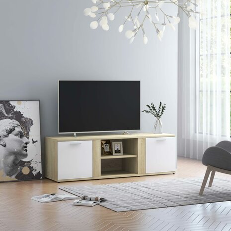 Tv-meubel 120x34x37 cm bewerkt hout wit en sonoma eikenkleurig 1