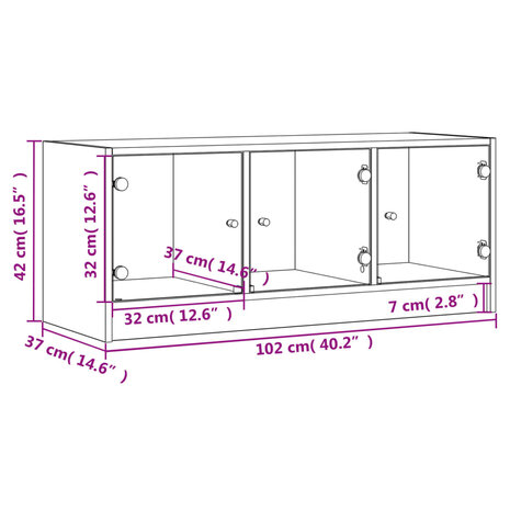 Tv-meubel met glazen deuren 102x37x42 cm betongrijs 12