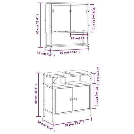 2-delige Badkamermeubelset bewerkt hout grijs sonoma eikenkleur 12