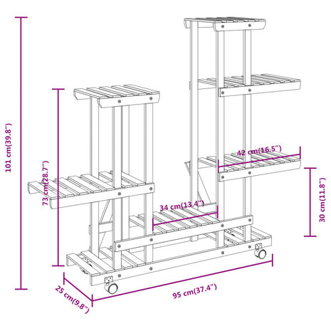 Plantenstandaard met wielen 95x25x101 cm massief vurenhout 8
