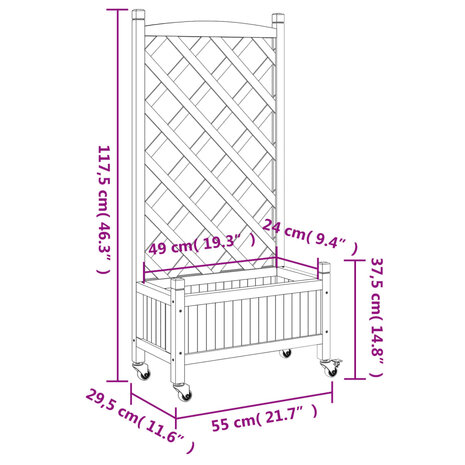 Plantenbak met latwerk en wielen massief vurenhout grijs 9