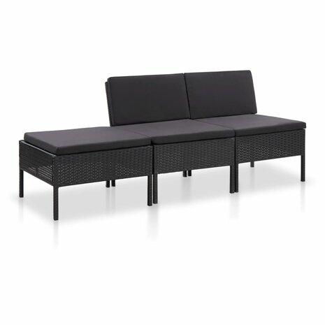 3-delige Loungeset met kussens poly rattan zwart 1