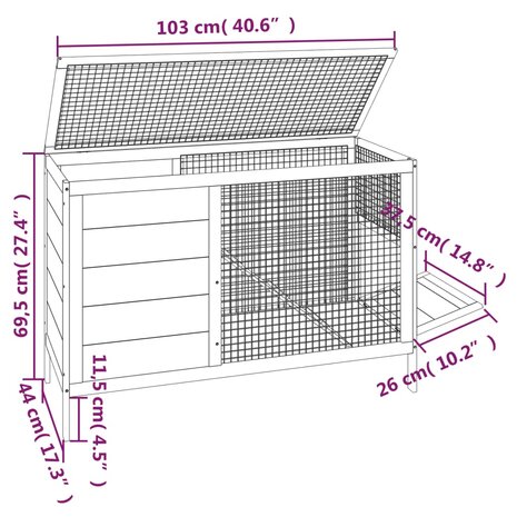 Konijnenhok 103x44x69,5 cm massief grenenhout grijs 6