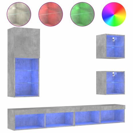 5-delige Tv-wandmeubelset met LED bewerkt hout betongrijs 2