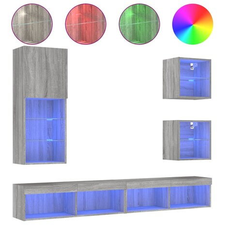 5-delige Tv-wandmeubelset met LED grijs sonoma eikenkleurig 2