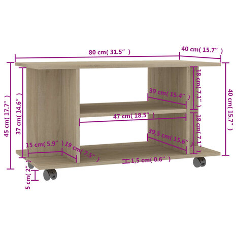 Tv-meubel met wieltjes 80x40x45 cm bewerkt hout sonoma eiken 6