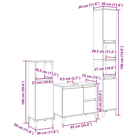 3-delige Badkamermeubelset bewerkt hout sonoma eikenkleurig 10