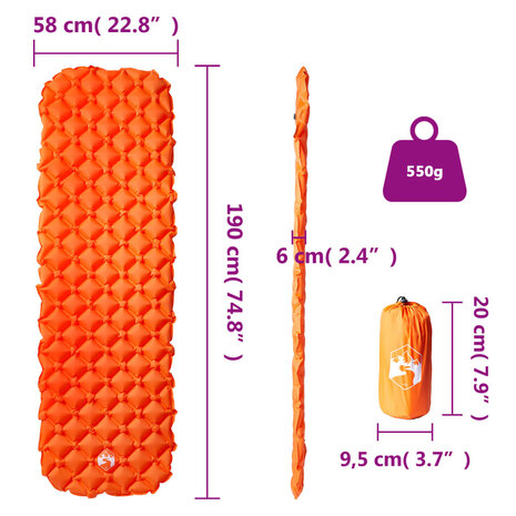 Kampeermatras opblaasbaar 190x58x6 cm 1-persoons oranje 5