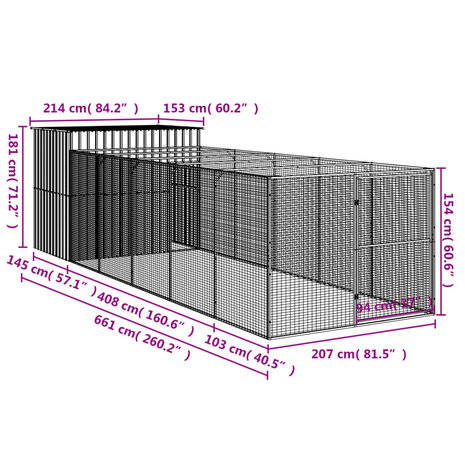 Hondenhok met ren 214x661x181 cm gegalvaniseerd staal antraciet 9