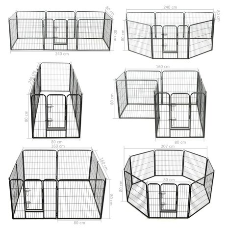 Hondenren met 8 panelen 80x80 cm staal zwart 9