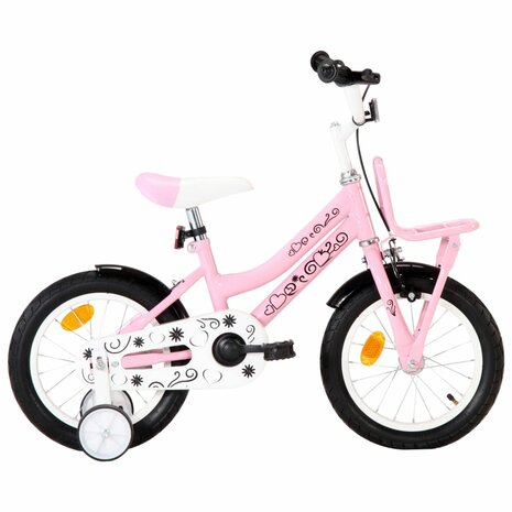 Kinderfiets met voordrager 14 inch wit en roze 1