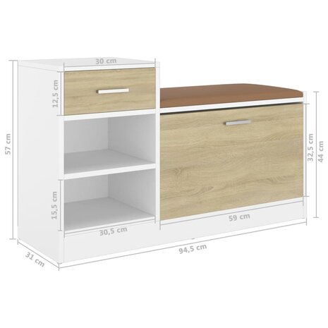 Schoenenbank 94,5x31x57 cm bewerkt hout wit sonoma eikenkleurig 7