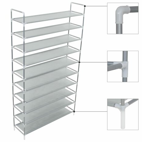 Schoenenrek met 10 schappen metaal en nonwoven stof zilverkleur 1