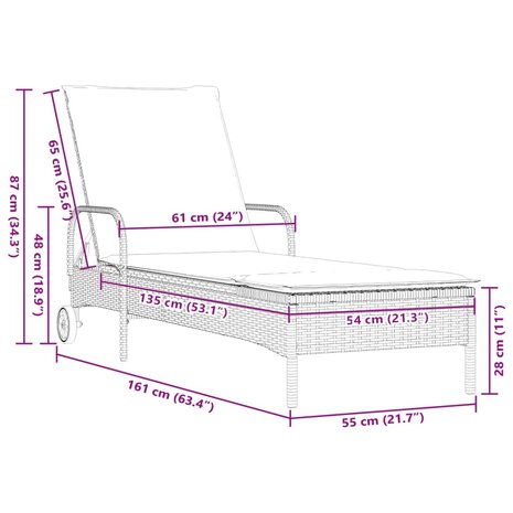 Ligbed met wielen en kussen poly rattan zwart 10