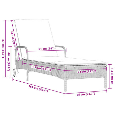 Ligbed met wielen en kussens poly rattan lichtgrijs 10