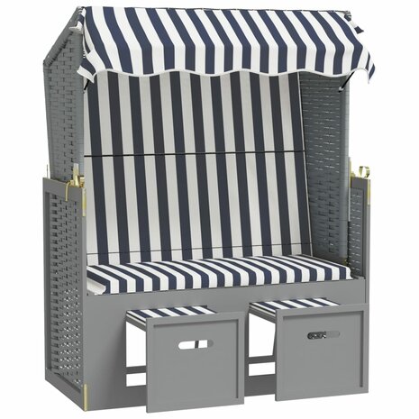 Strandstoel met luifel poly rattan en massief hout blauw en wit 4