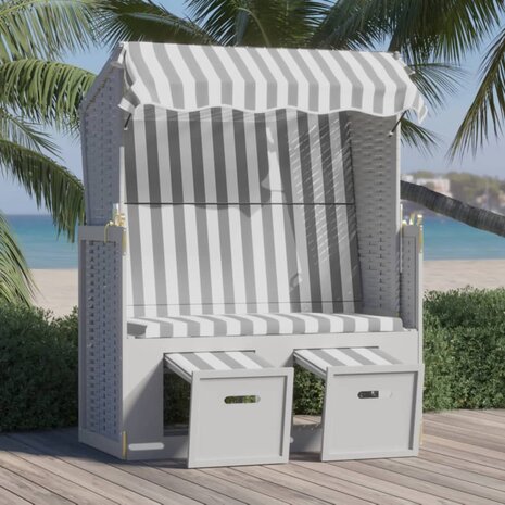 Strandstoel met luifel poly rattan en massief hout grijs en wit 1