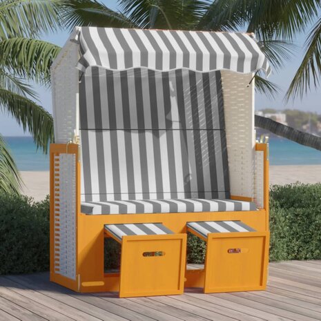 Strandstoel met luifel poly rattan en massief hout wit en grijs 1