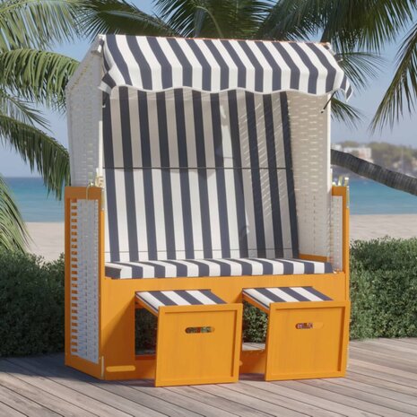 Strandstoel met luifel poly rattan en massief hout wit en blauw 1