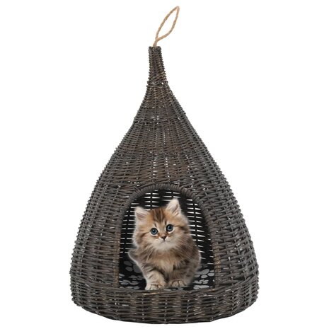 Kattenhuis met kussen tipi 40x60 cm natuurlijk wilgen grijs 1