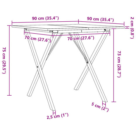 Eettafel X-frame 90x90x75 cm massief grenenhout en gietijzer 10