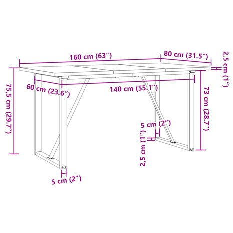 Eettafel O-frame 160x80x75,5 cm massief grenenhout en gietijzer 10