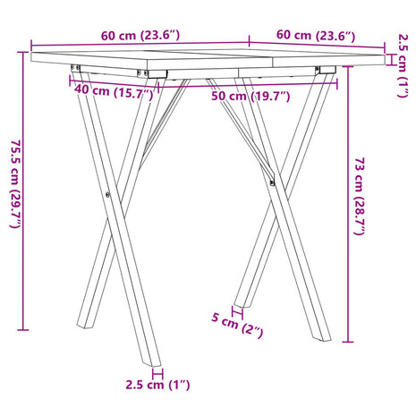 Eettafel X-frame 60x60x75,5 cm massief grenenhout en gietijzer 10