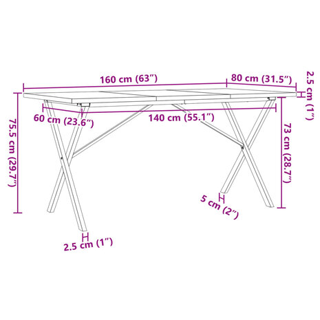 Eettafel X-frame 160x80x75,5 cm massief grenenhout en gietijzer 10