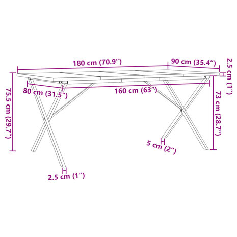 Eettafel X-frame 180x90x75,5 cm massief grenenhout en gietijzer 10