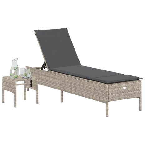 Ligbed met tafel en kussen poly rattan lichtgrijs 3