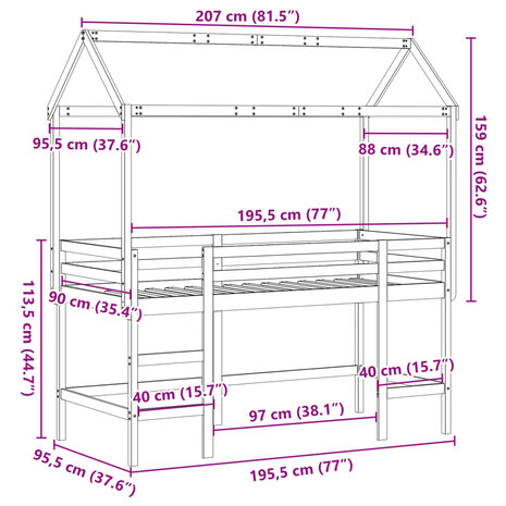 Halfhoogslaper met ladder en bedhuis grenenhout wit 90x190 cm 12