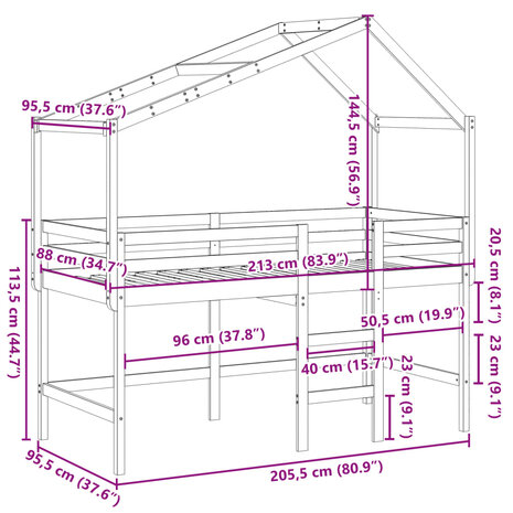 Halfhoogslaper met ladder en bedhuis grenenhout 90x200 cm 12