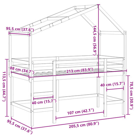 Halfhoogslaper met ladder en bedhuis grenenhout 90x200 cm 12