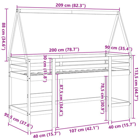 Halfhoogslaper met ladder en bedhuis grenenhout 90x200 cm 12