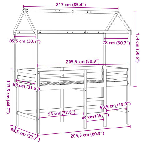 Halfhoogslaper met ladder en bedhuis grenenhout wit 80x200 cm 12