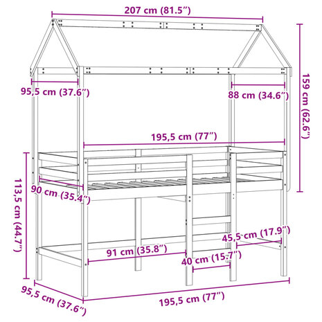 Halfhoogslaper met ladder en bedhuis grenenhout wit 90x190 cm 12