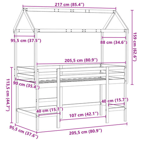 Halfhoogslaper met ladder en bedhuis grenenhout wit 90x200 cm 12